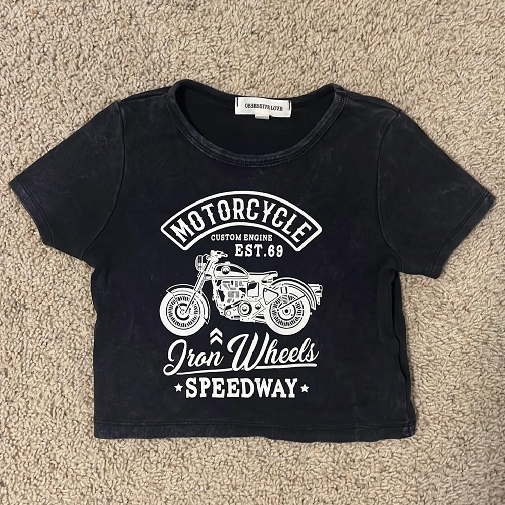 Cropped motorcycle short sleeve shirt in black